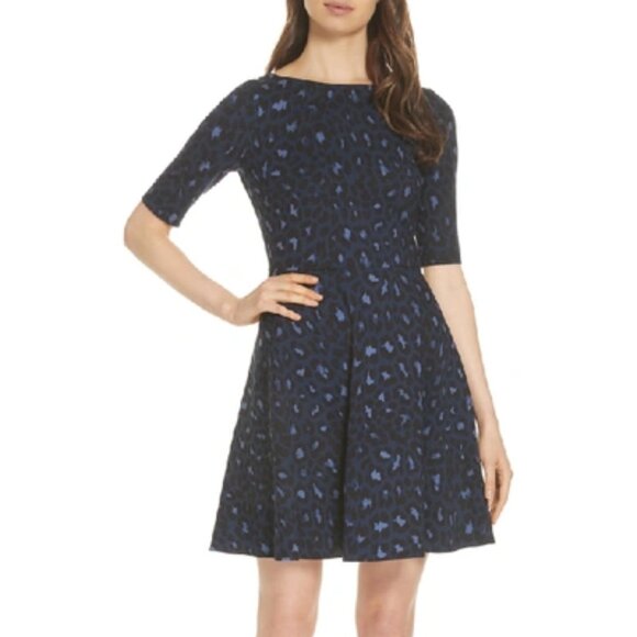 kate spade Dresses & Skirts - EUC Kate Spade New York Fit Flare Lace Up Leopard Ponte Dress Black Blue Size XS